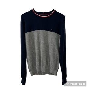 Tommy Hilfiger Mens Blue Gray Color Block Crewneck Cotton Knit Sweater Sz Medium